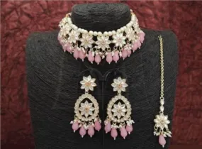 Pink Necklace & Earring Set With Maang Tika