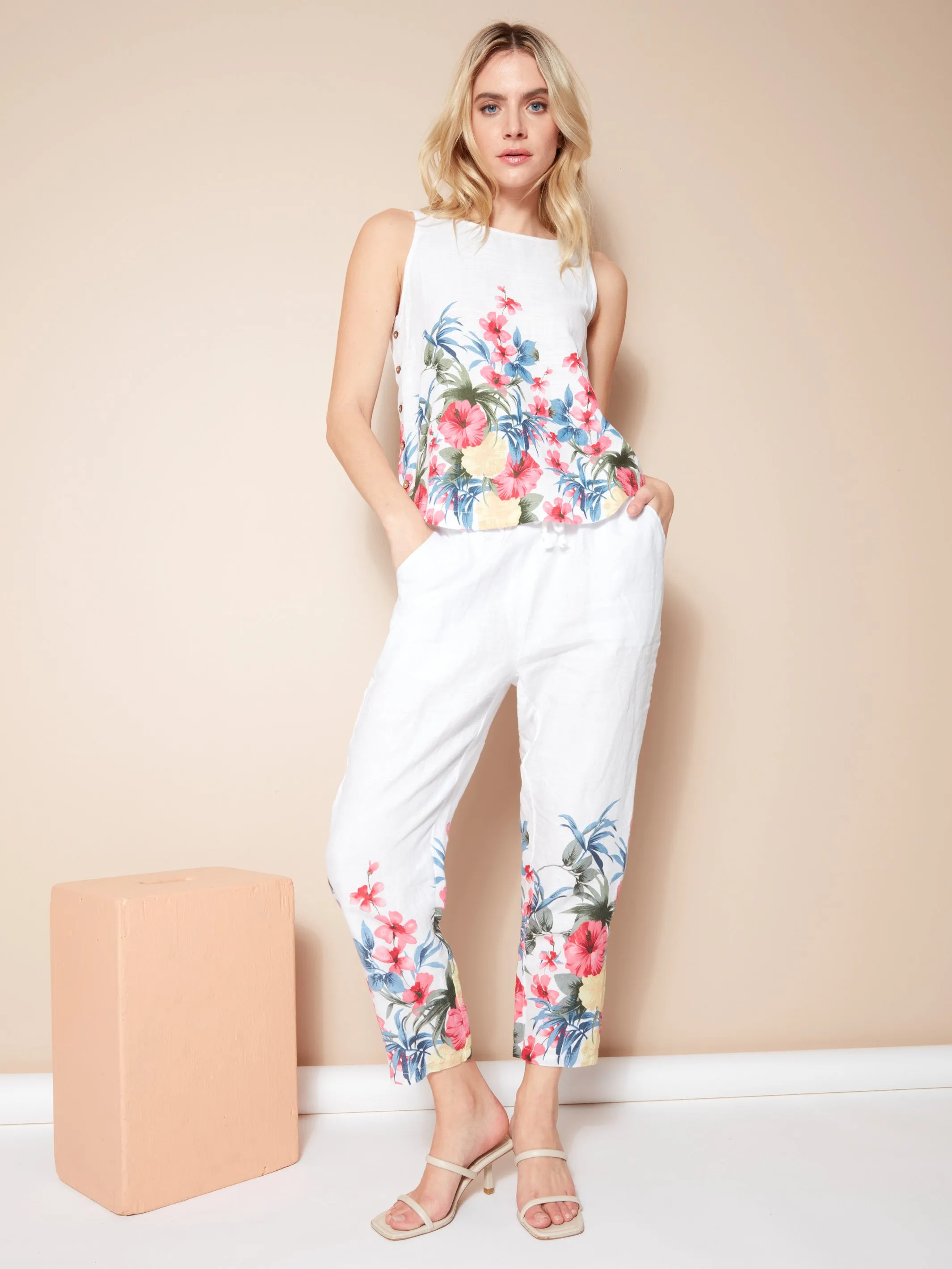 Printed Linen Pull-On Pants - Maui