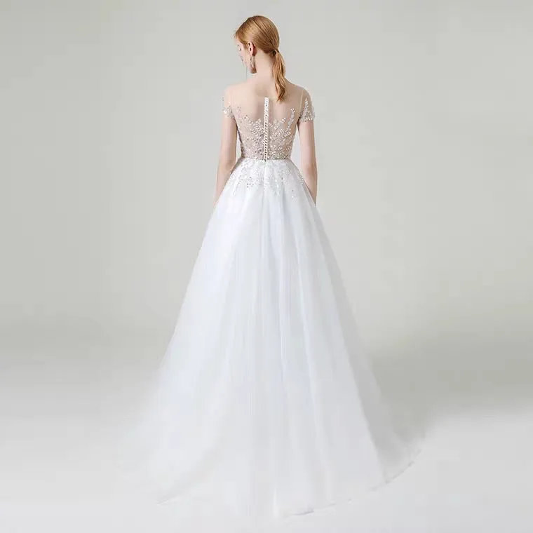 The Khloe Wedding Bridal Illusion Boat Neck Lace Gown