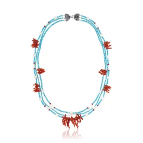 Turquoise, Red Coral and Pearl Three Strand Necklace