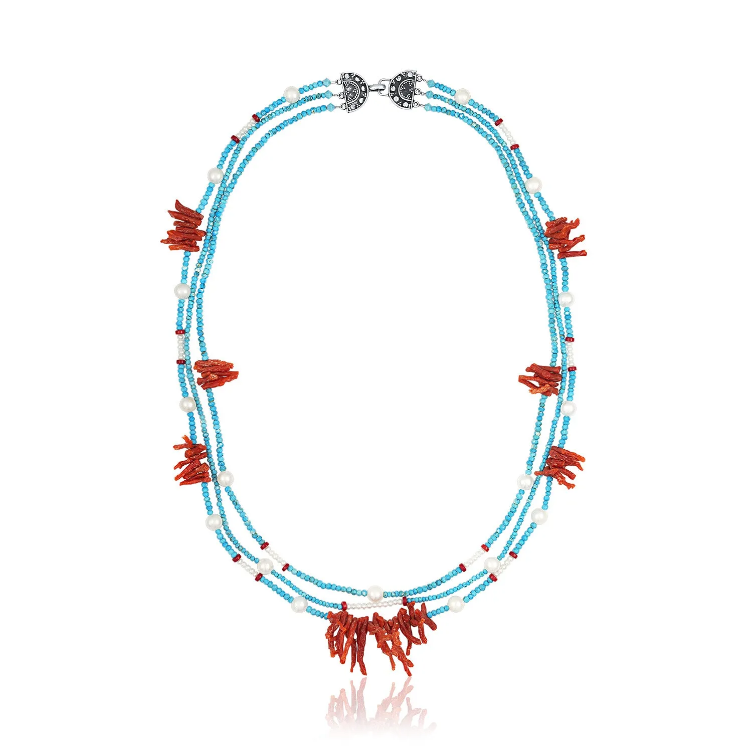 Turquoise, Red Coral and Pearl Three Strand Necklace