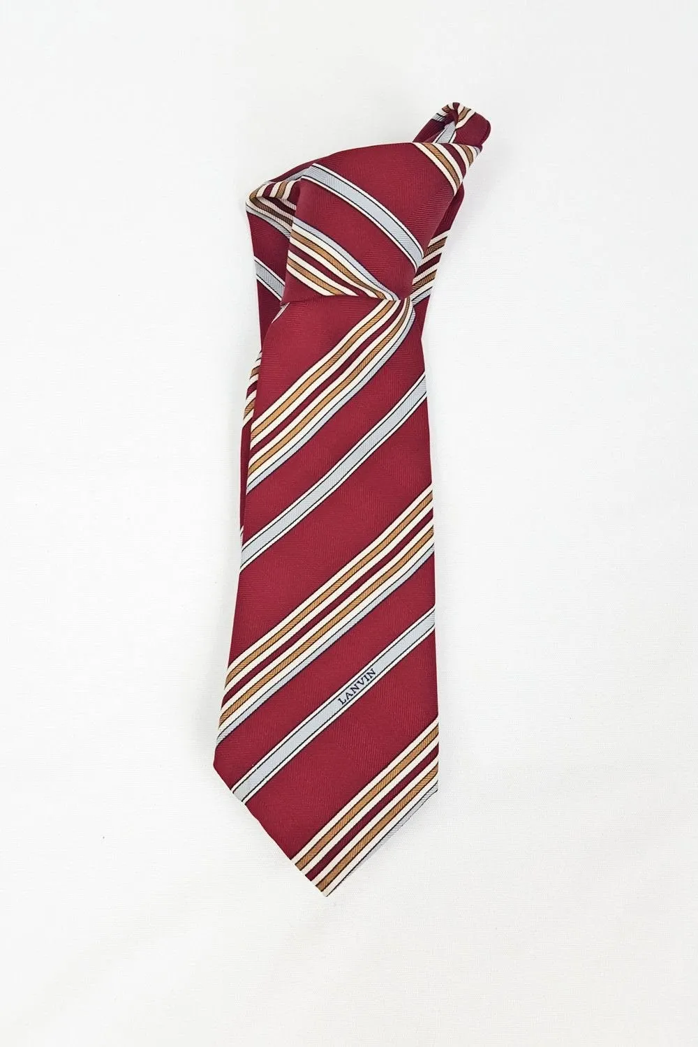 VINTAGE LANVIN 100% Silk Red Blue Brown Stripe Tie (57")