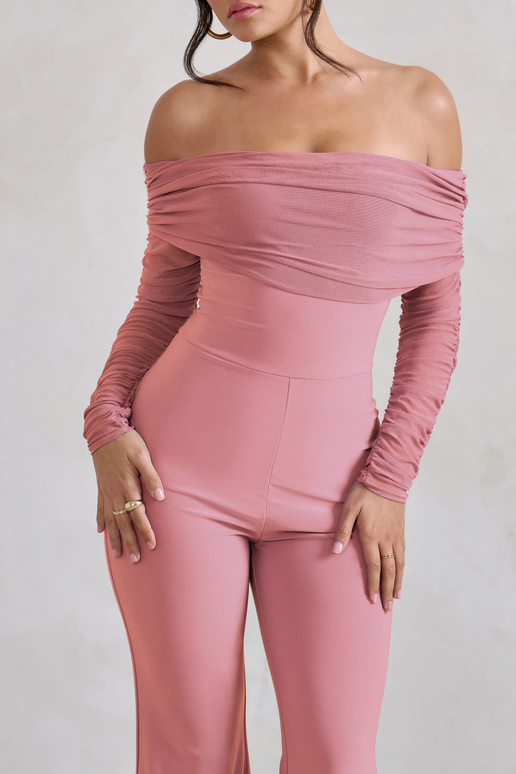 Whisper | Powder Pink Ruched Mesh Bardot Jumpsuit