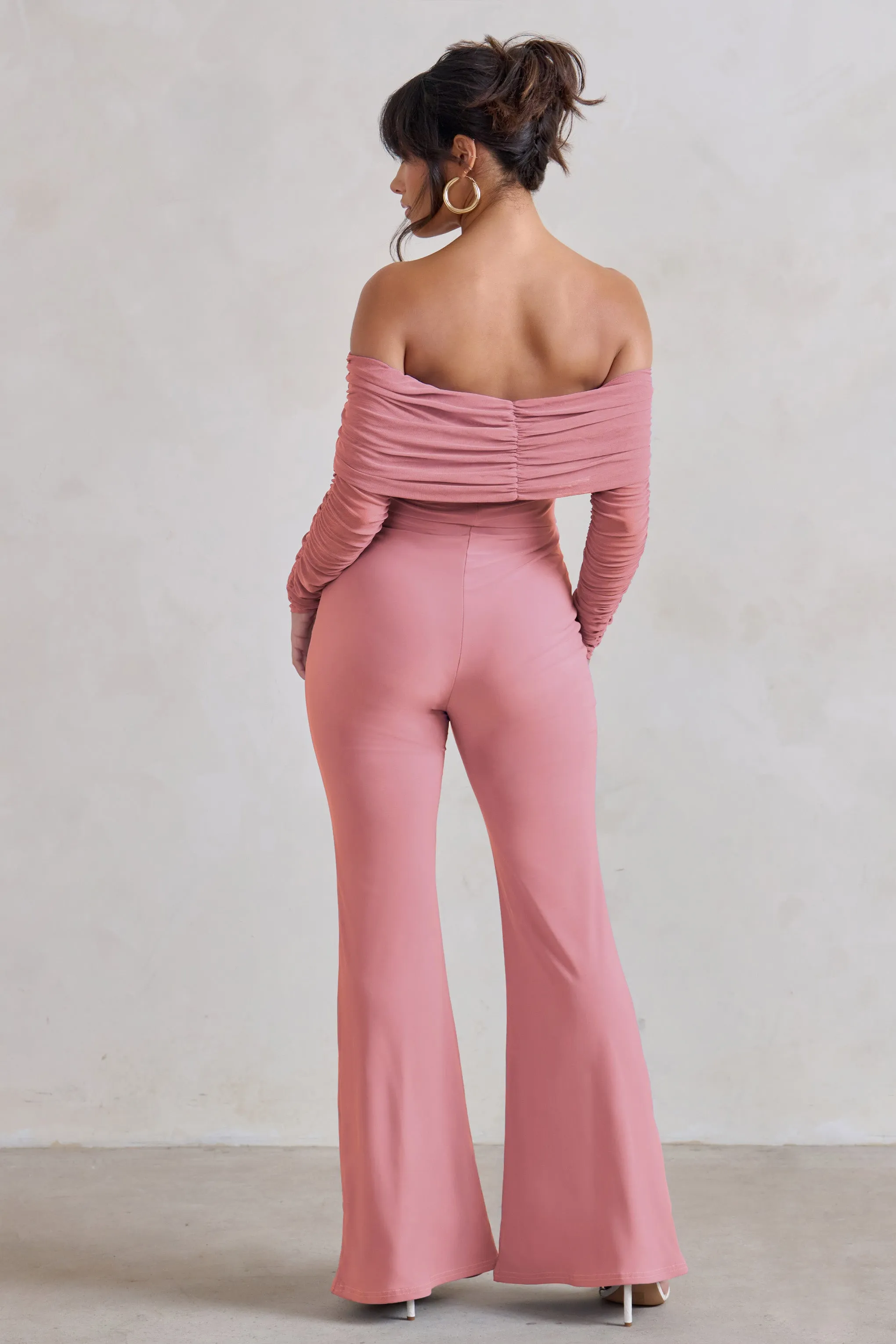 Whisper | Powder Pink Ruched Mesh Bardot Jumpsuit