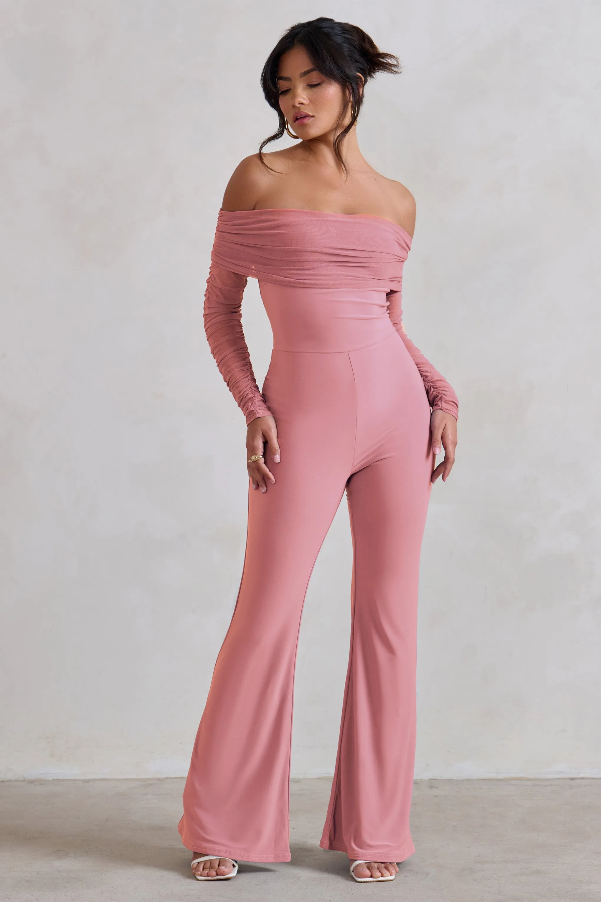 Whisper | Powder Pink Ruched Mesh Bardot Jumpsuit