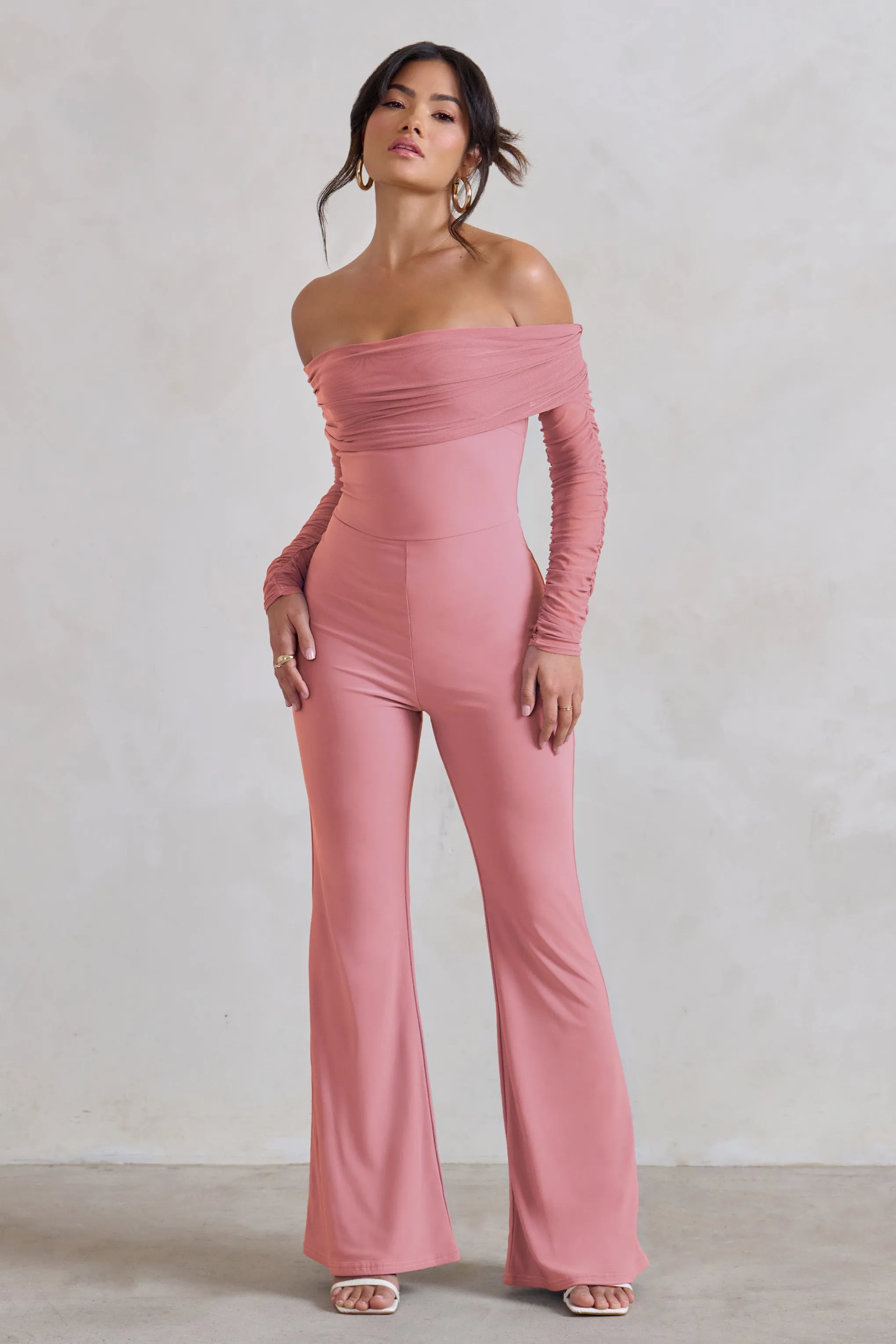 Whisper | Powder Pink Ruched Mesh Bardot Jumpsuit