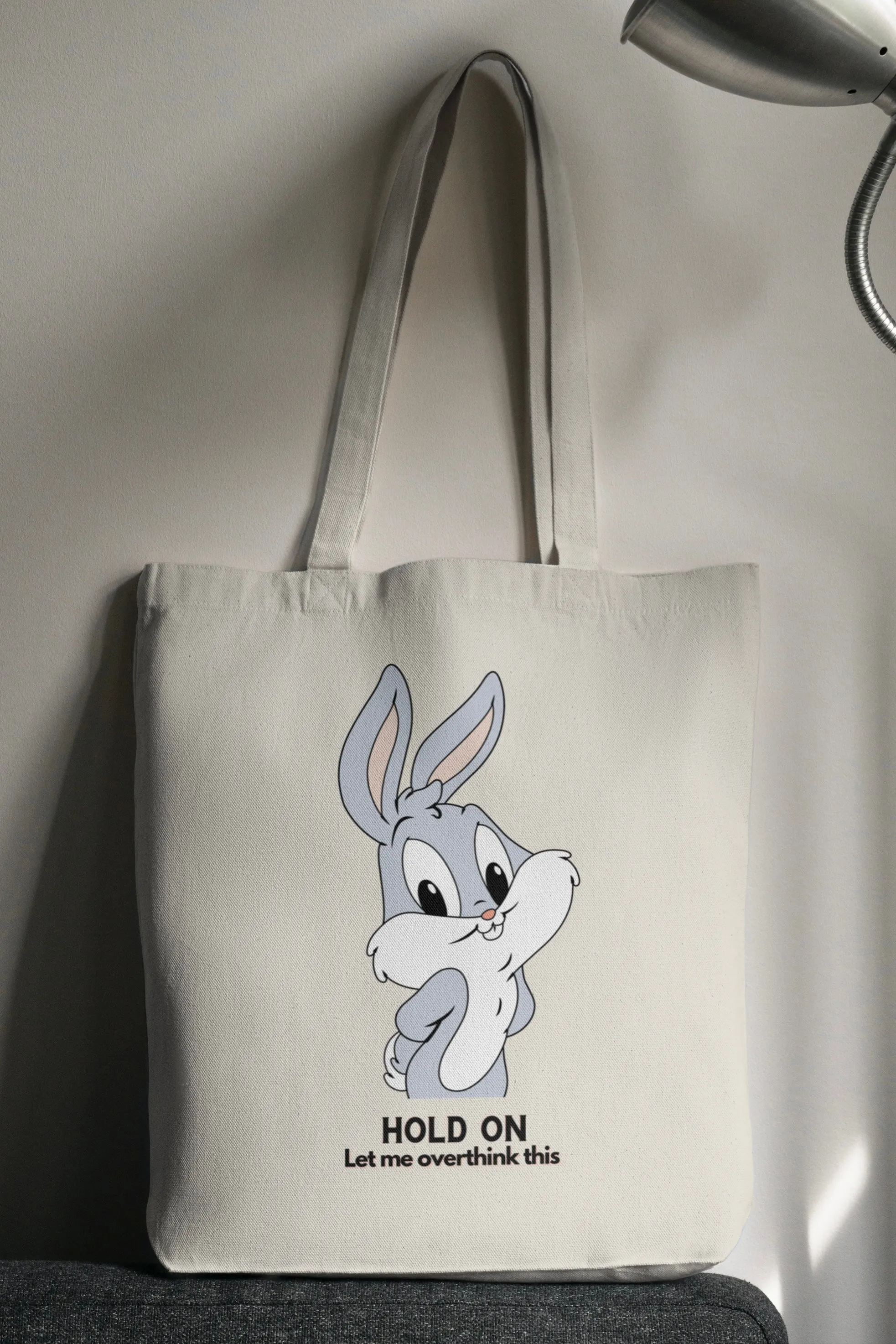 White Hold on let me overthink Bunny Aesthetic Floral Tote Bag with Zipper